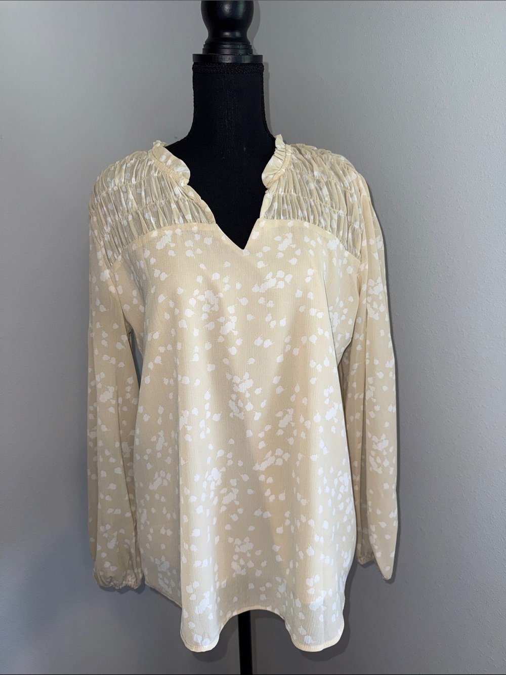 Women's Chiffon Cream Printed Split-Neck Blouse with Smocked Yoke